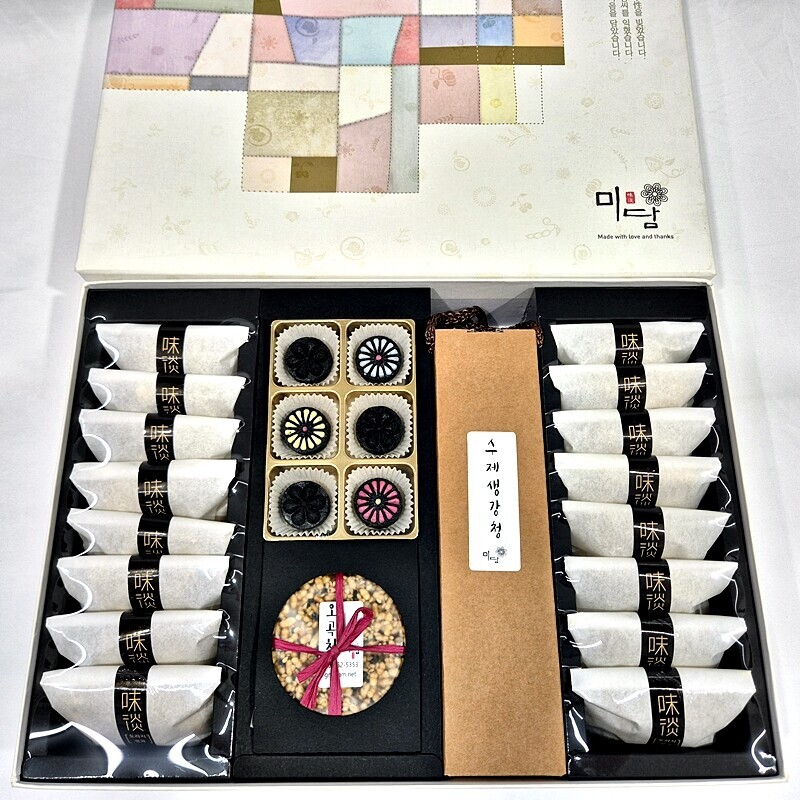 미담몰,강릉미담 (종합선물 25-10호)(도정과,다식,오곡,생강청,도정과)바삭고소 오곡한과 곡물한과 콩고물도라지정과 도라지청 오곡칩  맛과 멋과 품위있는 추석 설 명절선물 부모님 시댁